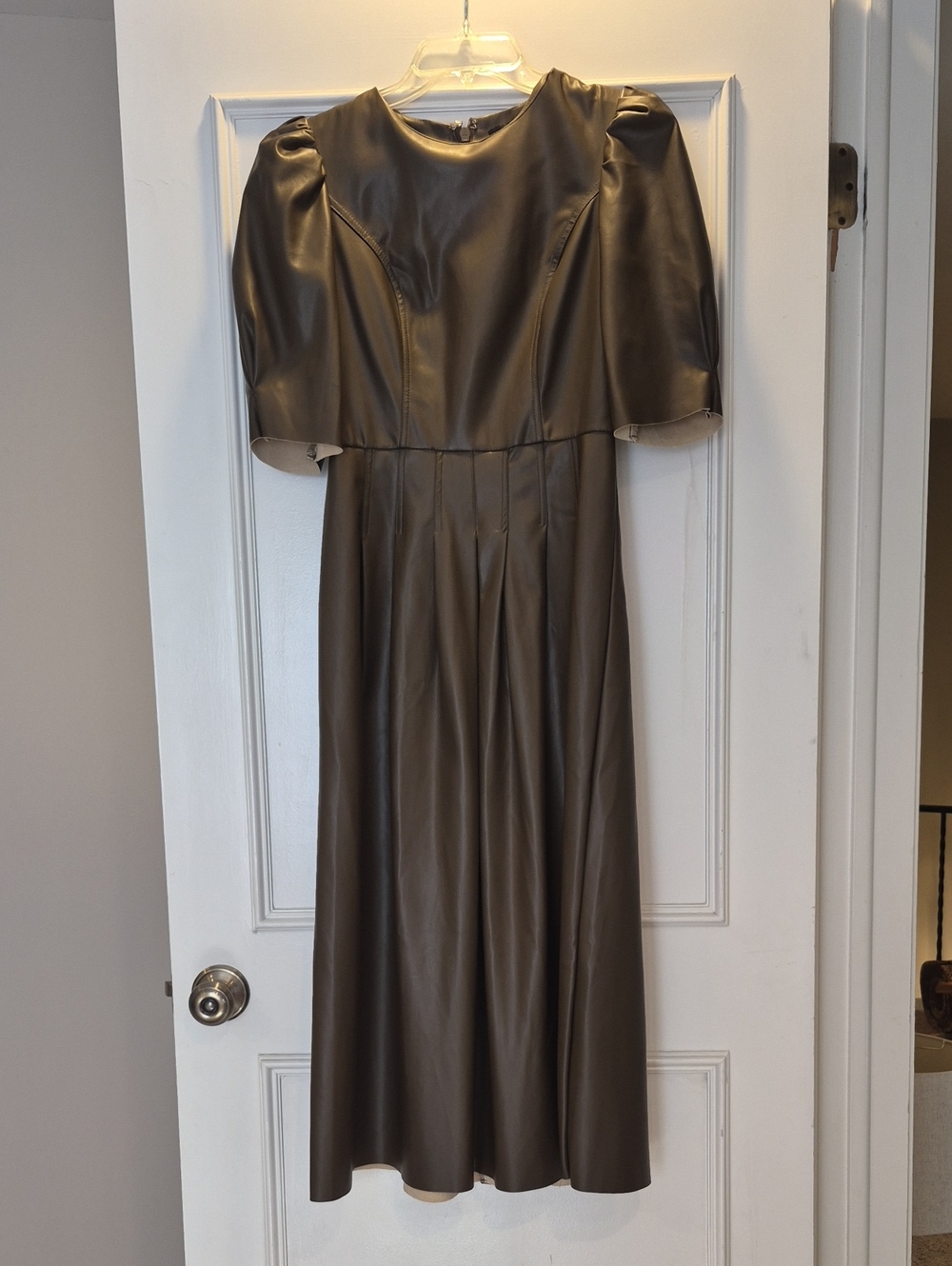 En Saison Brown Faux Leather Midi Dress with Puff Sleeves